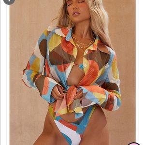 Pretty Little Thing Multi Abstract Printed Mesh Oversized Beach Shirt